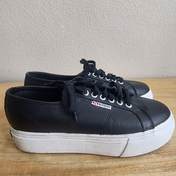 Superga 2790 Platform Leather Shoes Womens Size 8.5 Black Lace Up S00C790 - Picture 1 of 11